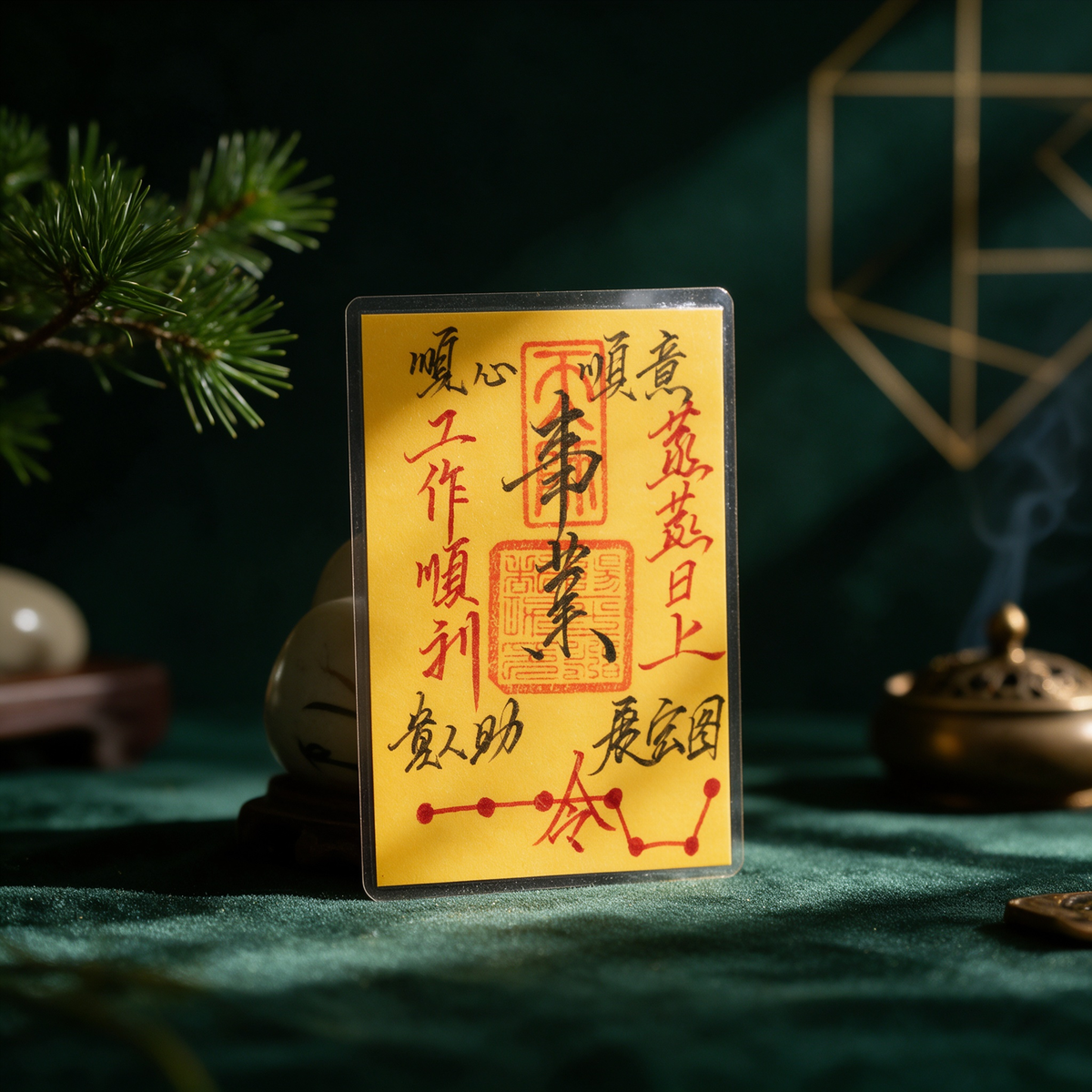 Hand-drawn Daoist career talisman card on yellow paper