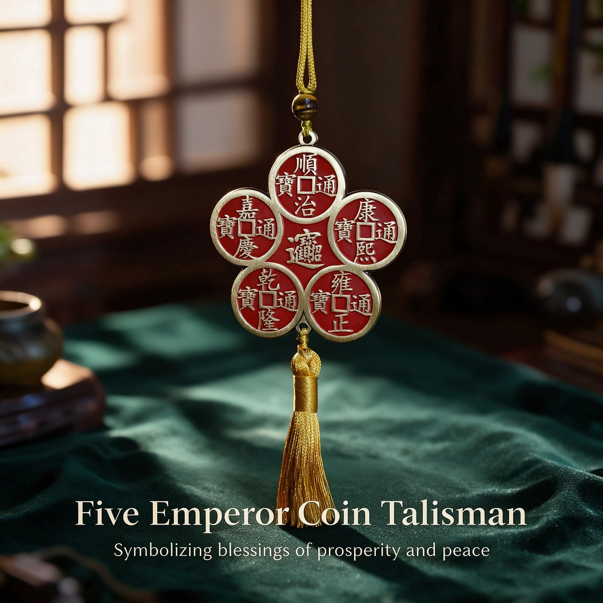 Brass Five Emperor coins hanging ornament in plum blossom design, side view