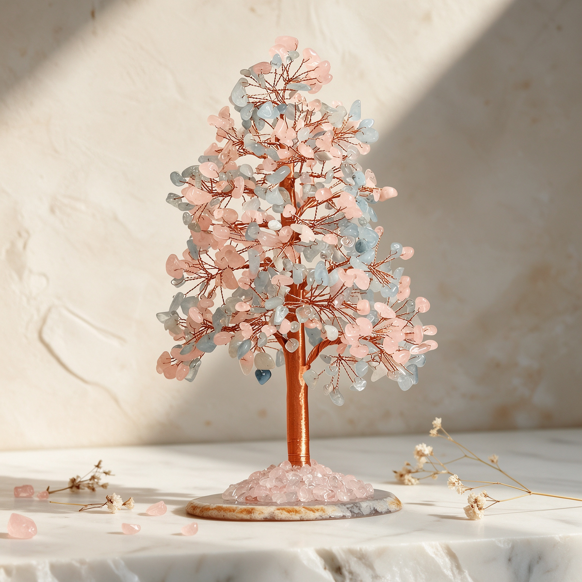 8 inch aquamarine and rose quartz crystal tree with copper branches