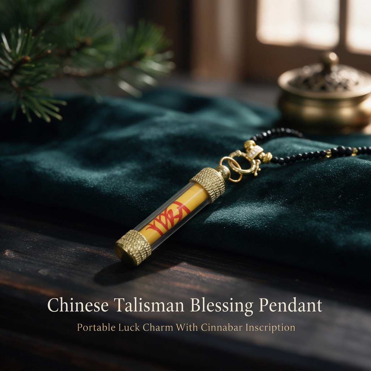 Hand-drawn Taoist talisman rolled in clear cylinder pendant on woven cord
