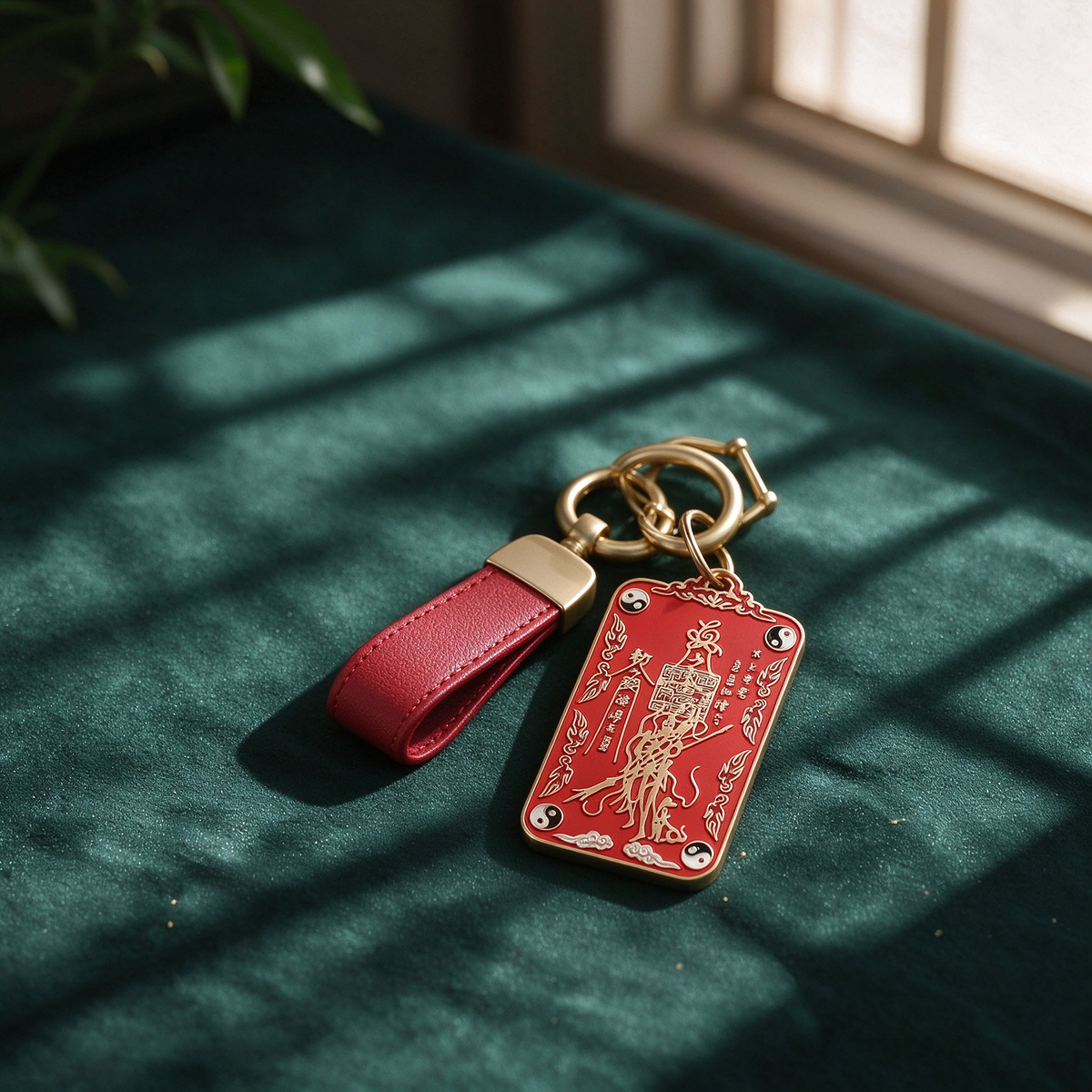 Taoist Five Thunder red enamel talisman keychain with Yin-Yang emblem, close-up detail