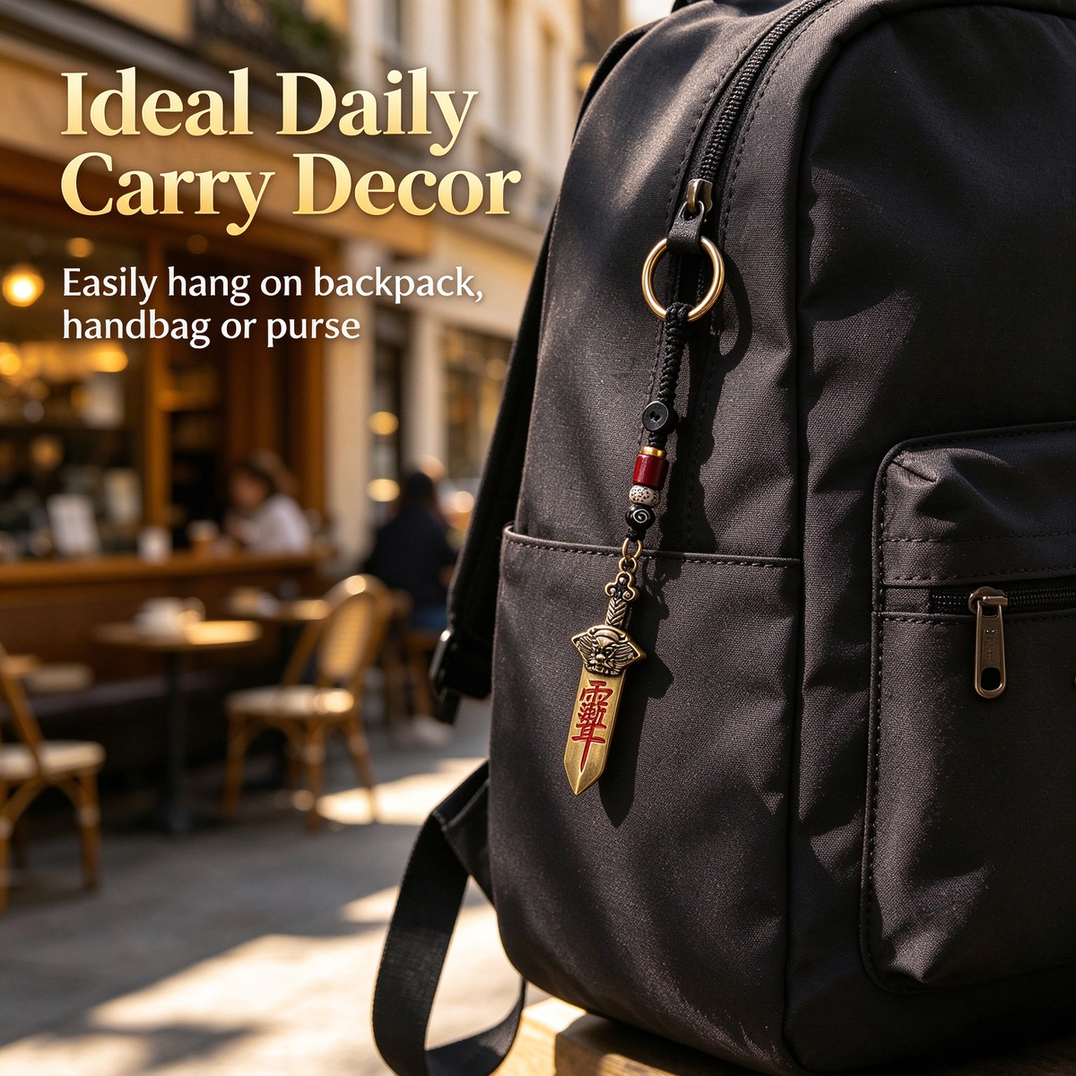 Seven-star sword charm with red enamel thunder-script characters clipped to a black backpack on a sunny café street