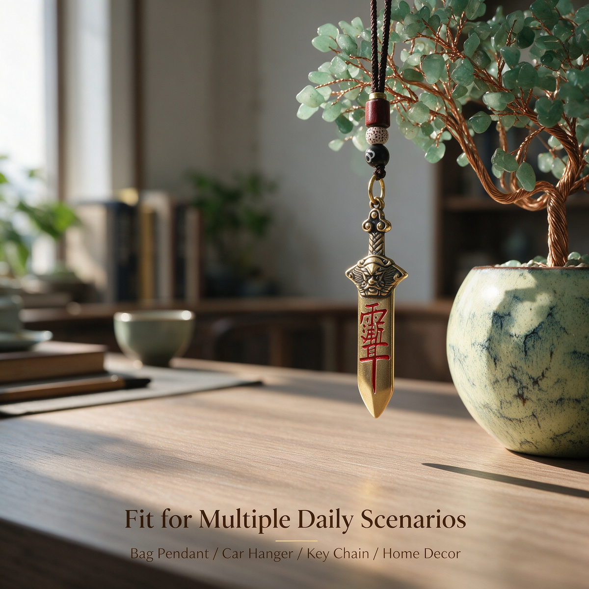 Brass seven-star sword charm with braided bead cord hanging beside a crystal tree on a desk, styled as a bag pendant, car hanger, keychain, or home decor