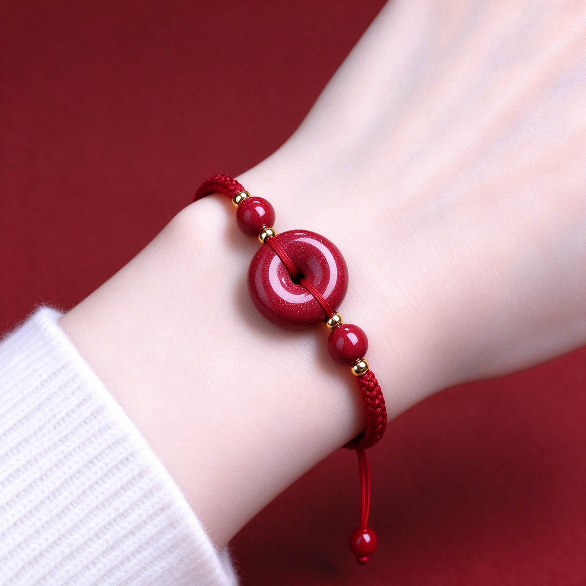 Wine-Red Cinnabar Ping'an Kou Bracelet, Hand-Knotted Adjustable Red Cord