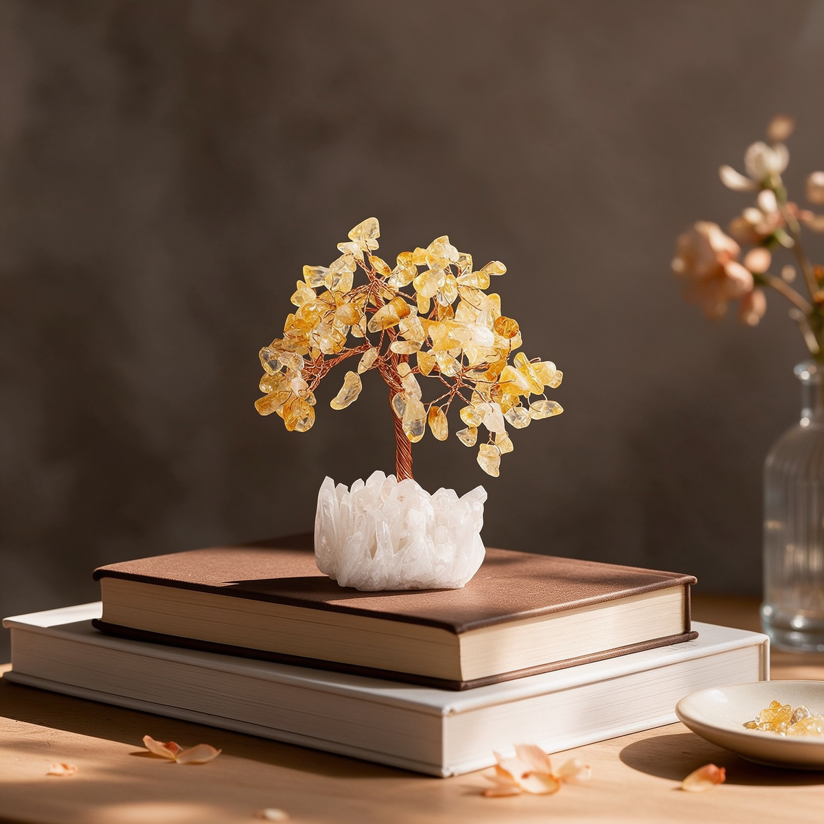 Citrine Crystal Tree, 5" Tabletop Decor with Clear Quartz Cluster Base