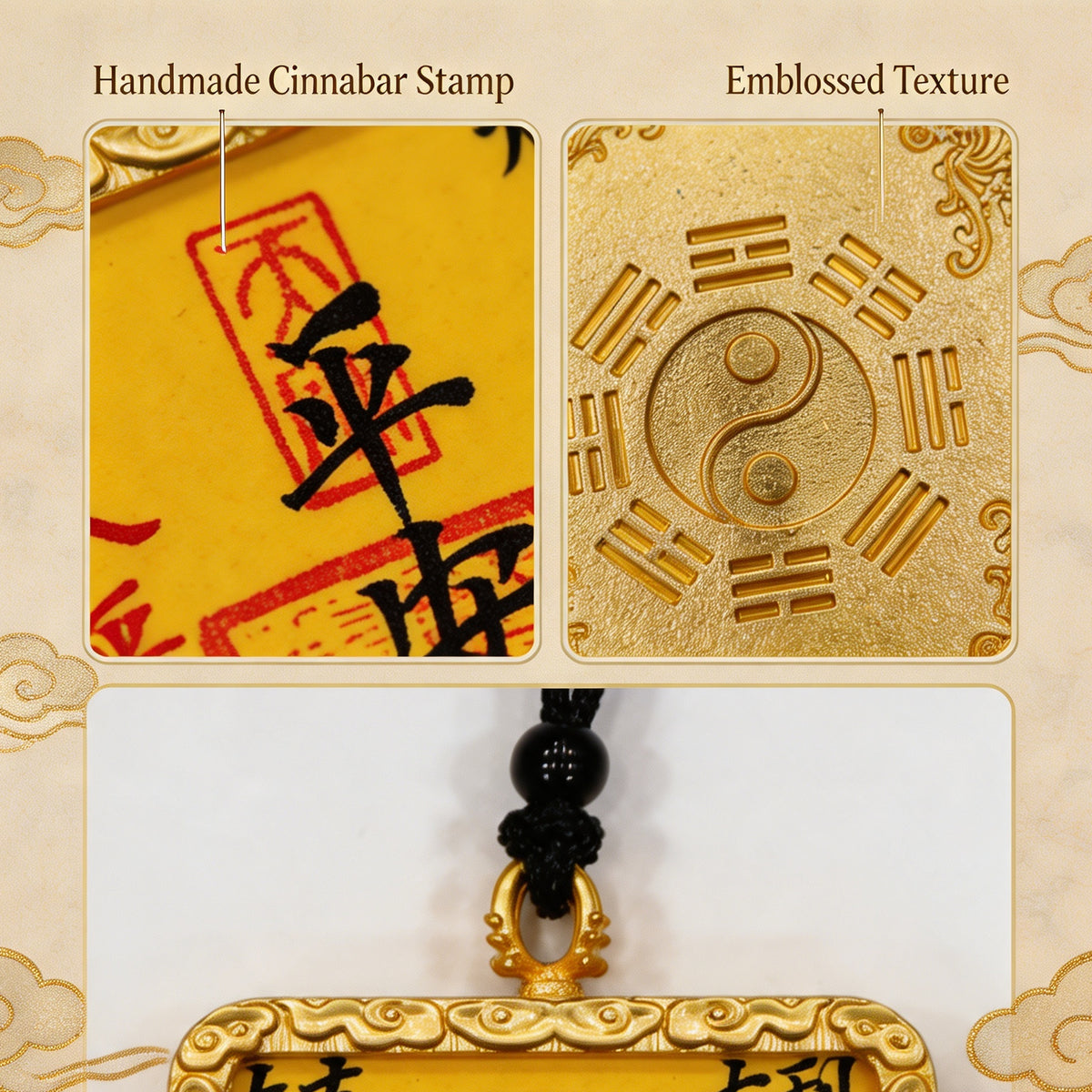 Feng Shui talisman pendant with yellow insert, gold-tone frame and braided cord, close-up detail