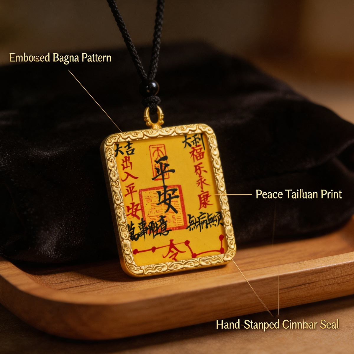 Feng Shui talisman pendant with yellow insert, gold-tone frame and braided cord, side view
