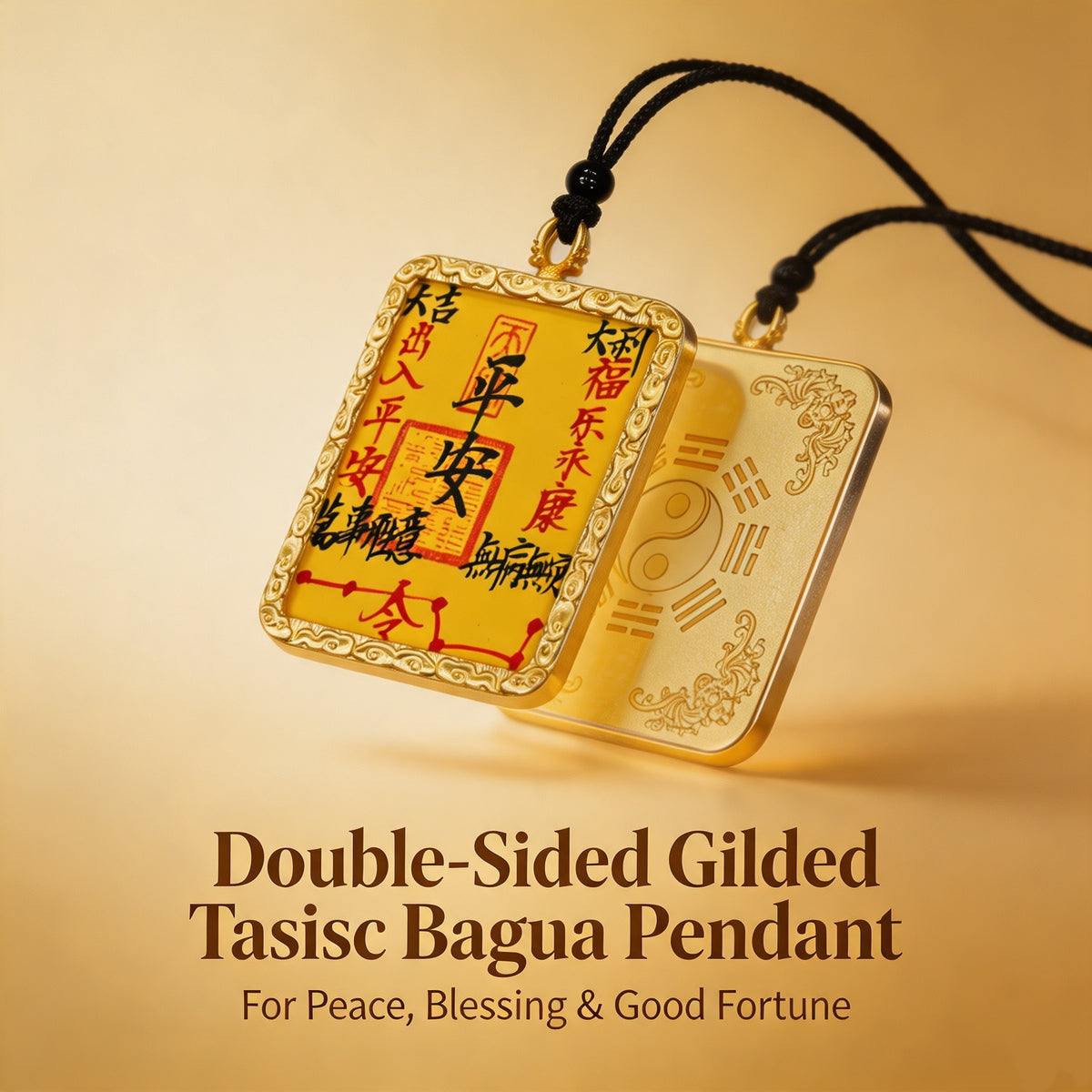 Feng Shui talisman pendant with yellow insert, gold-tone frame and braided cord