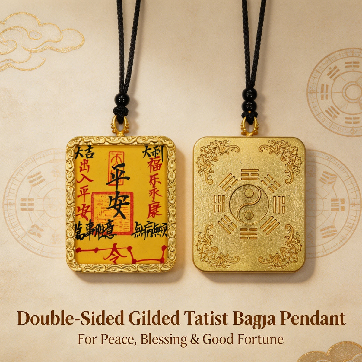 Feng Shui talisman pendant with yellow insert, gold-tone frame and braided cord, close-up detail 2