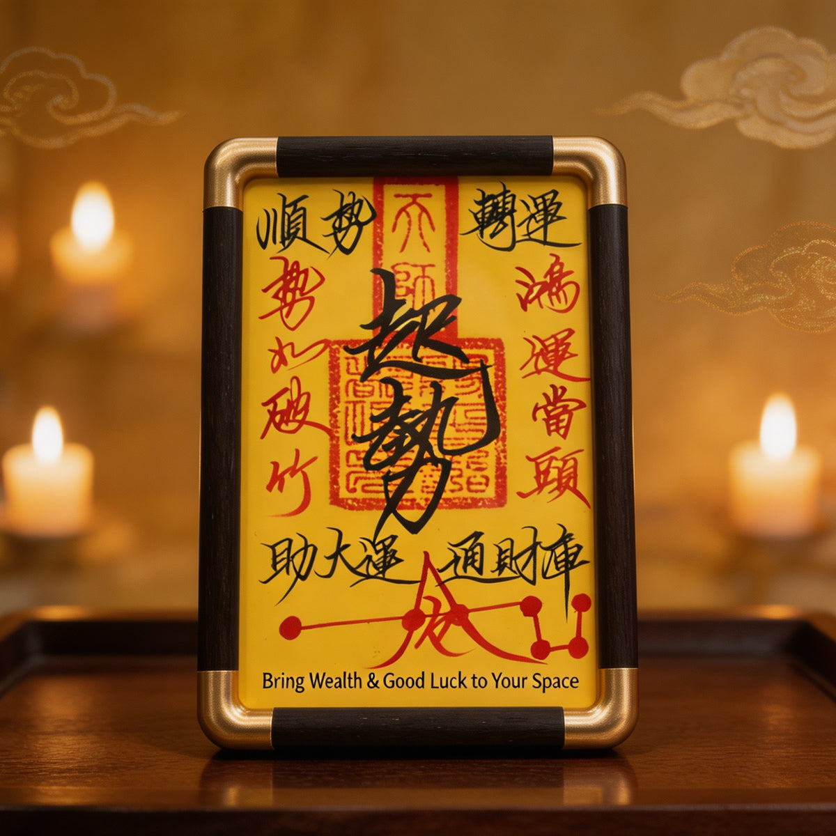 Framed Chinese Feng Shui talisman plaque with traditional calligraphy