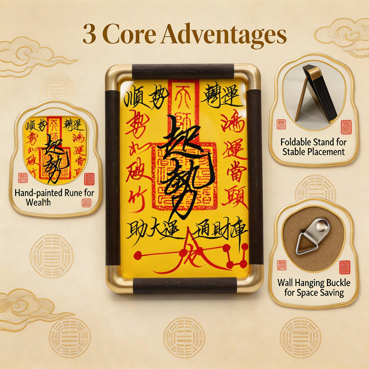 Framed Chinese Feng Shui talisman plaque with traditional calligraphy, close-up detail