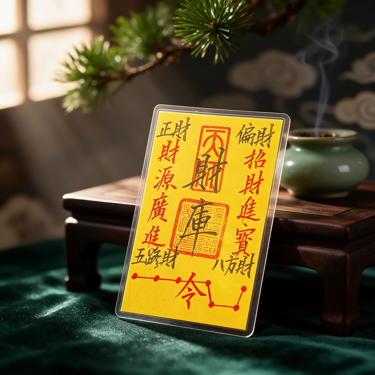 Hand-drawn Wealth Treasury Daoist talisman card from Longhu Mountain
