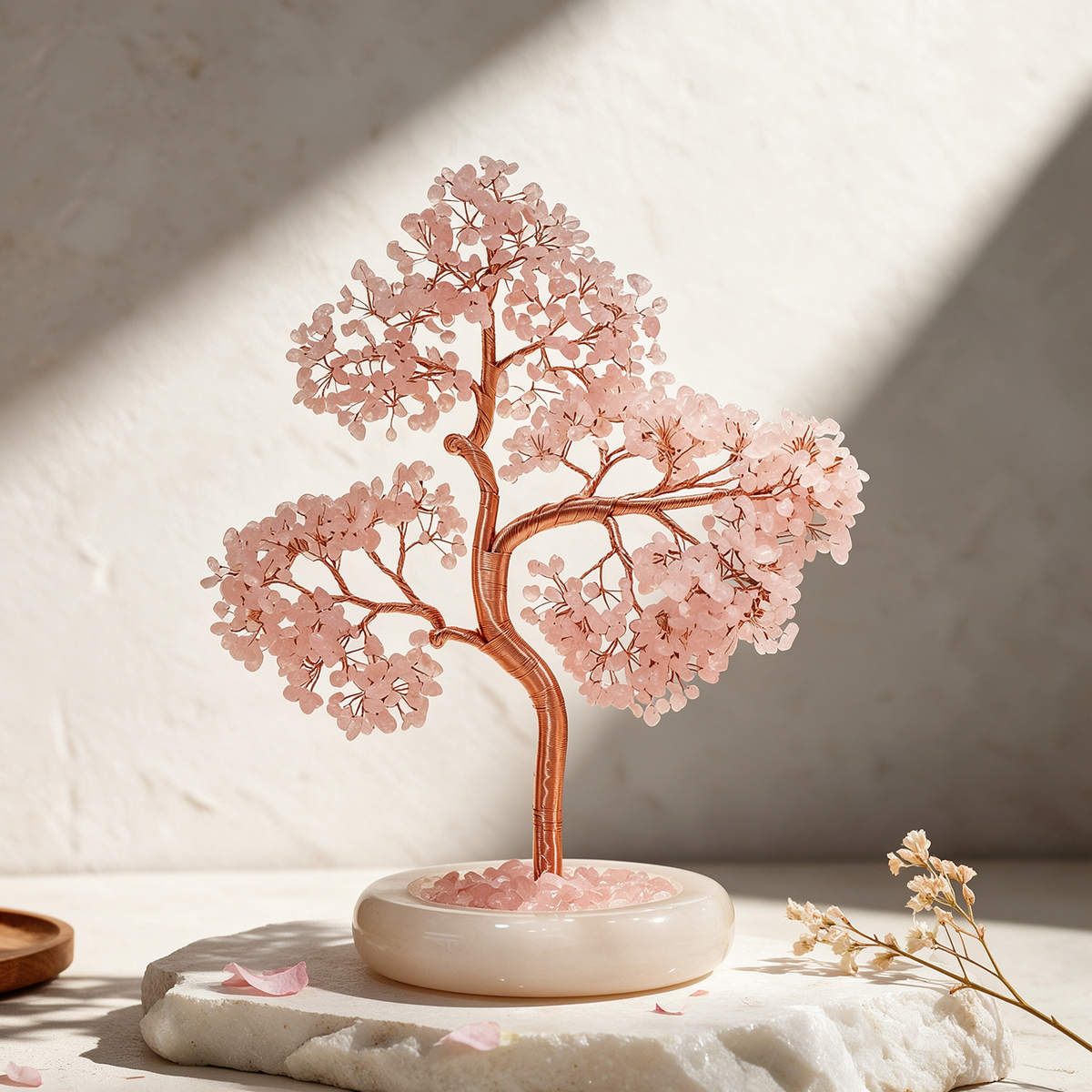 10 inch natural rose quartz crystal tree on raw stone base