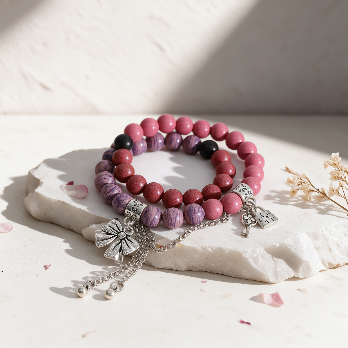 Double-wrap scented bead bracelet in dusty pink, wine red and marbled violet beads with black accents, vintage silver bow charm with chain tassel and flower lock and key dangle, styled on a white stone slab with rose petals