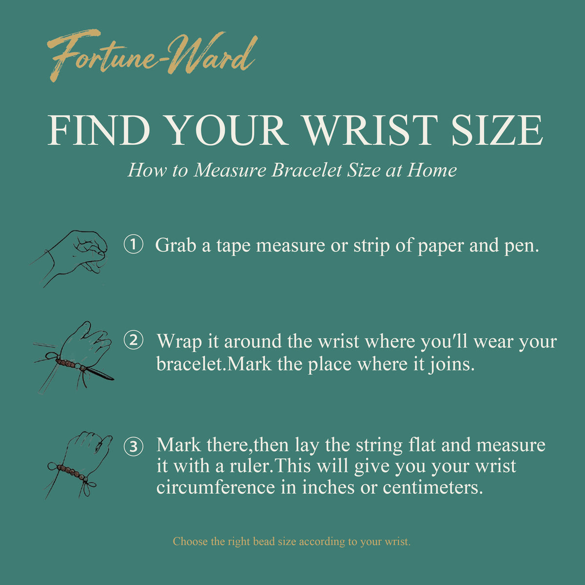 Fortune-Ward wrist size guide showing three steps to measure your bracelet size at home with a tape measure, paper strip, and ruler, on a green background