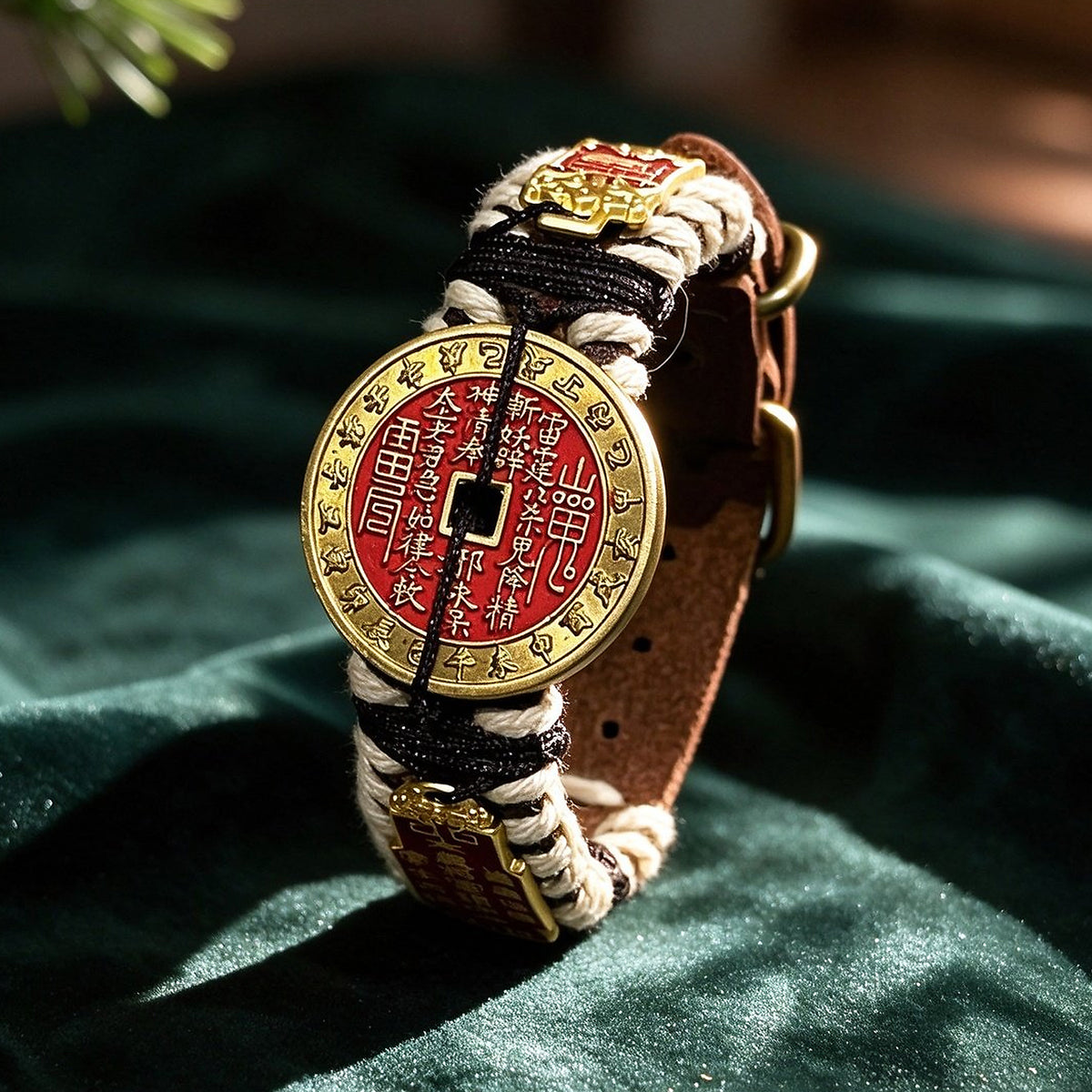 Close-up of a red-faced Shan Gui coin bracelet with hand-braided cream and black cord, leather strap, and brass-tone buckle on dark green velvet.