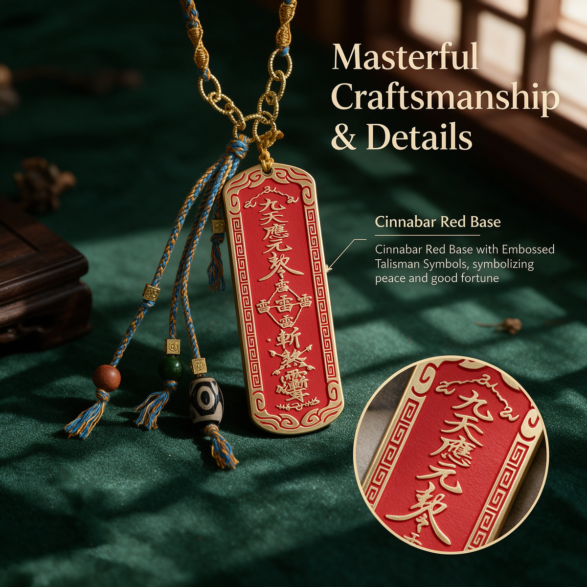 Brass Five Thunder token pendant with red enamel and braided cord, close-up detail