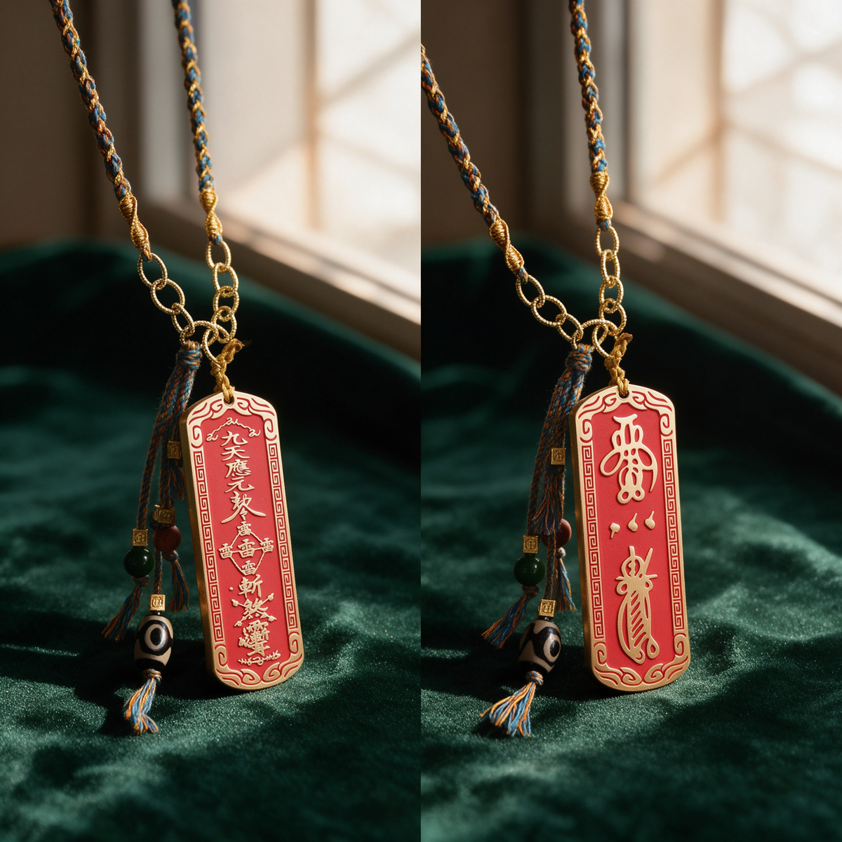 Brass Five Thunder token pendant with red enamel and braided cord, side view