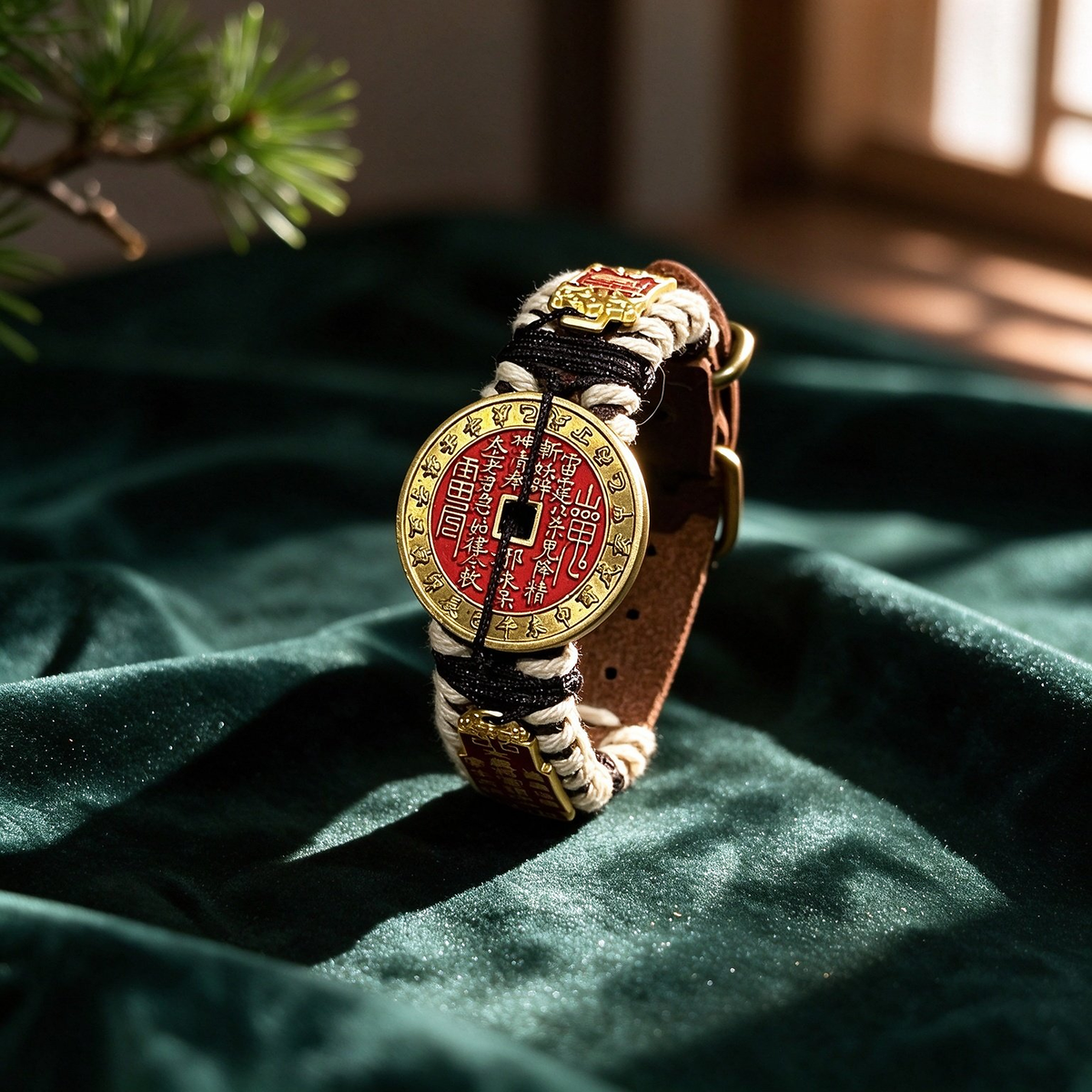 Red-faced Shan Gui coin leather bracelet standing on dark green velvet beside pine branches in warm natural light.