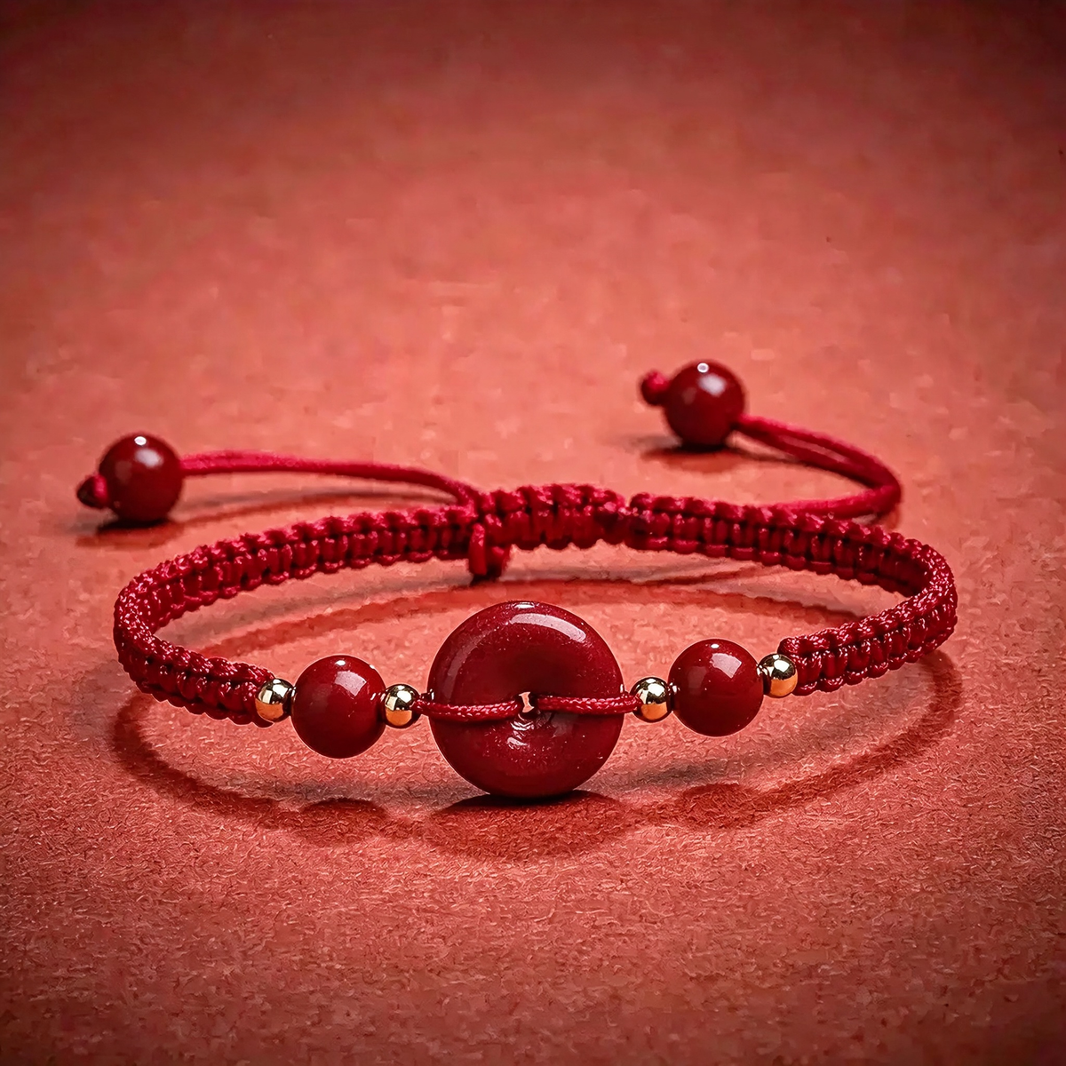 Wine-Red Cinnabar Ping'an Kou Bracelet, Hand-Knotted Adjustable Red Cord