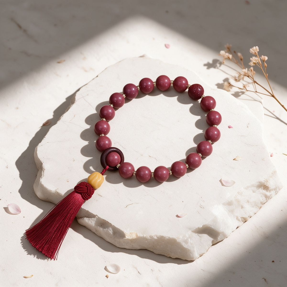 Rose-toned scented bead handheld strand with red tassel