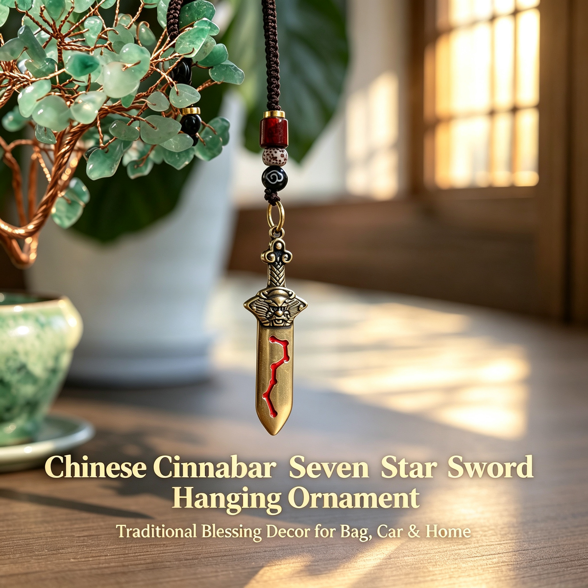 Antique brass seven-star sword pendant on a black braided cord with red barrel, bodhi, and third-eye beads in a sunlit room