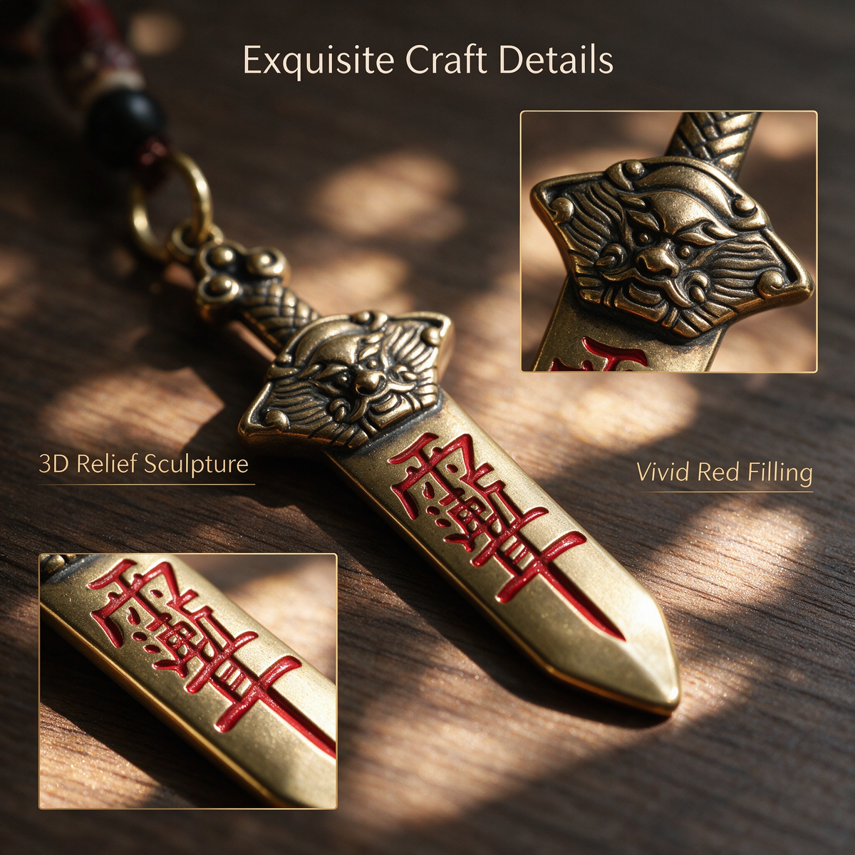 Close-up of an antique brass-tone sword keychain showing a sculpted beast-face guard and red enamel-filled thunder-script characters on a wooden table
