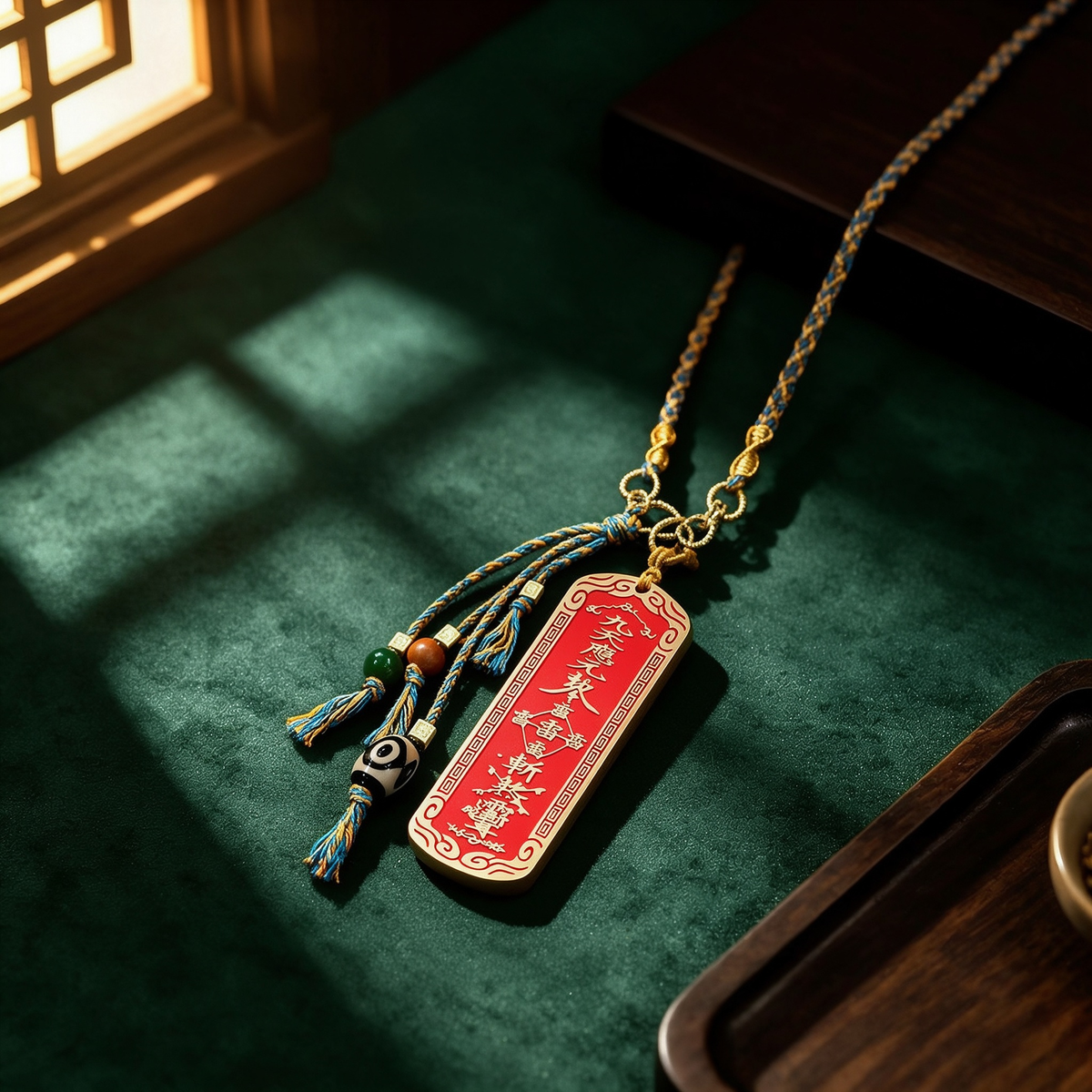 Brass Five Thunder token pendant with red enamel and braided cord