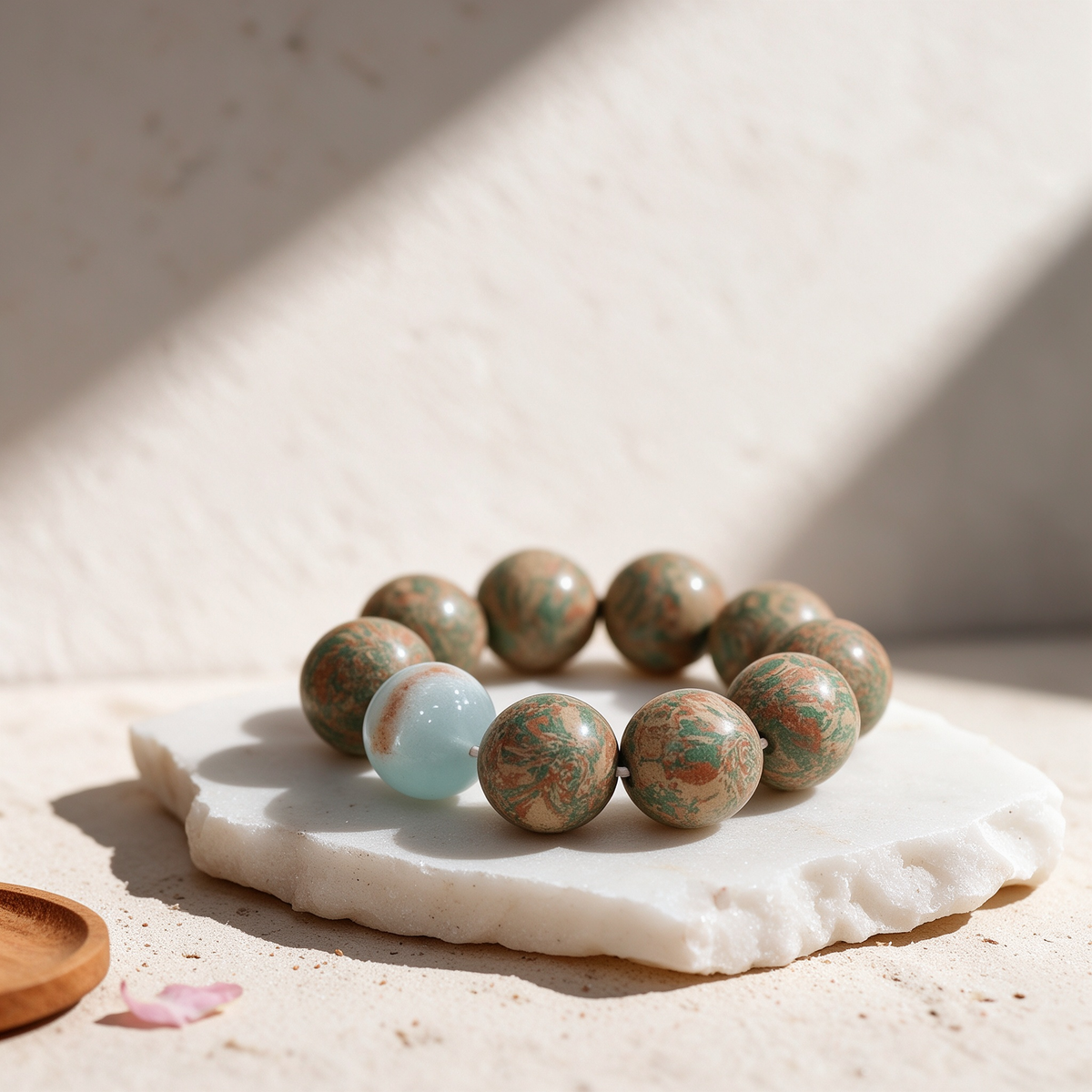 Tang tri-color glazed style scented bead bracelet with aquamarine beads