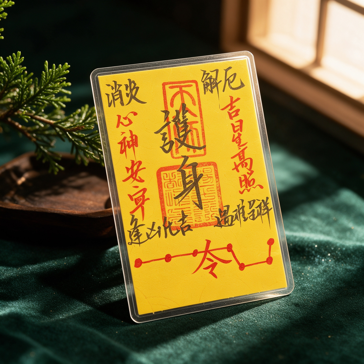 Hand-drawn Daoist protection talisman card on yellow paper in clear sleeve