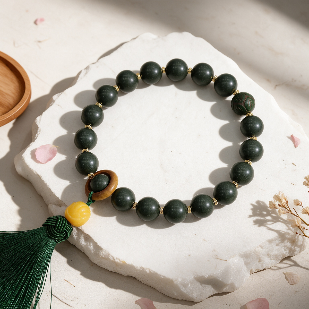 Deep green scented bead handheld strand with green tassel