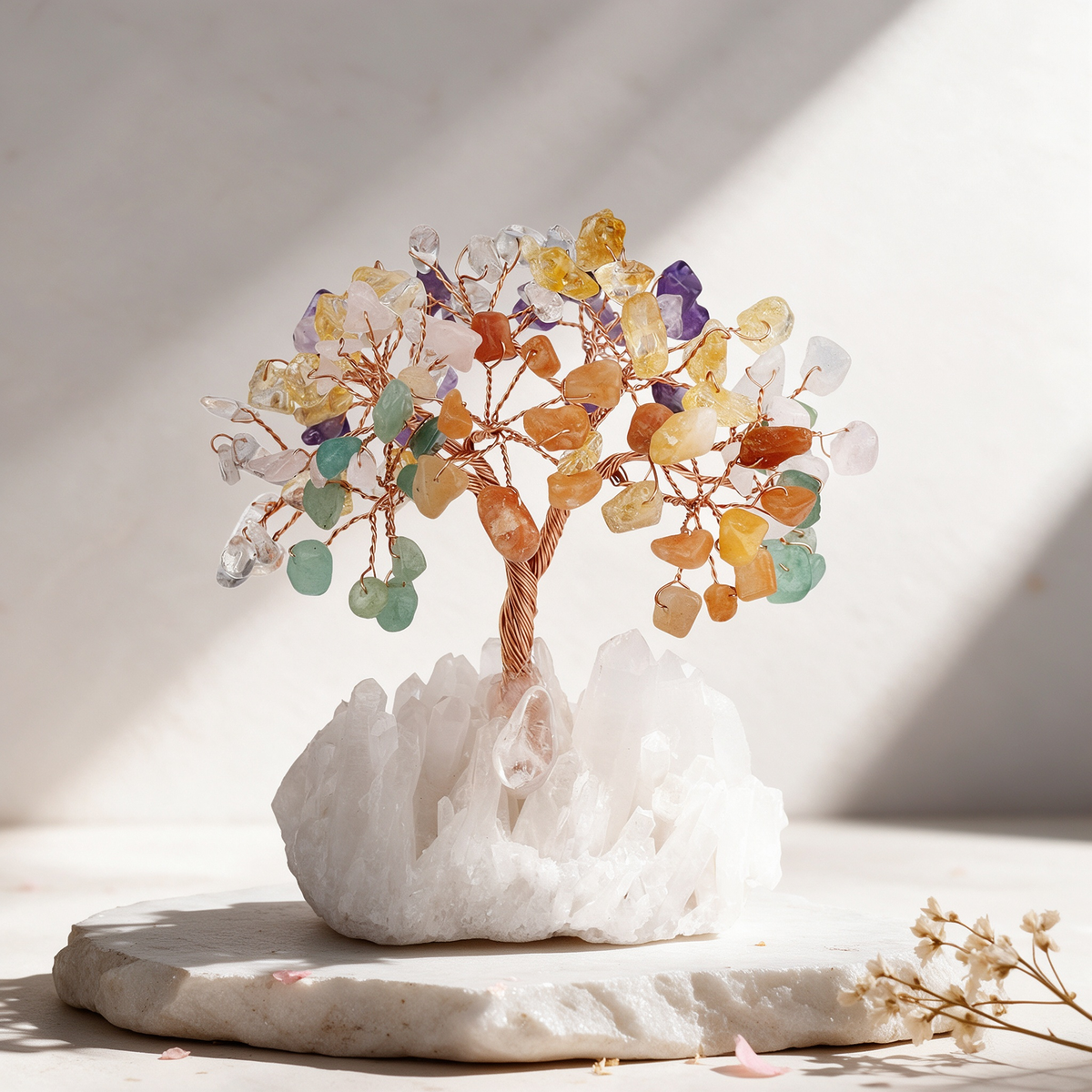 displayed on white stone in warm window light