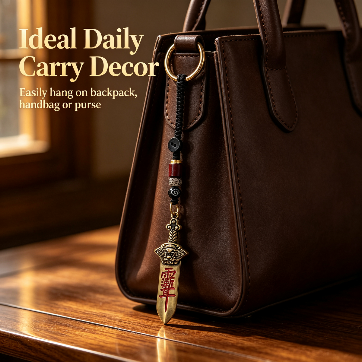 Seven-star sword bag charm with antique brass finish and red enamel characters clipped to the handle of a brown leather handbag