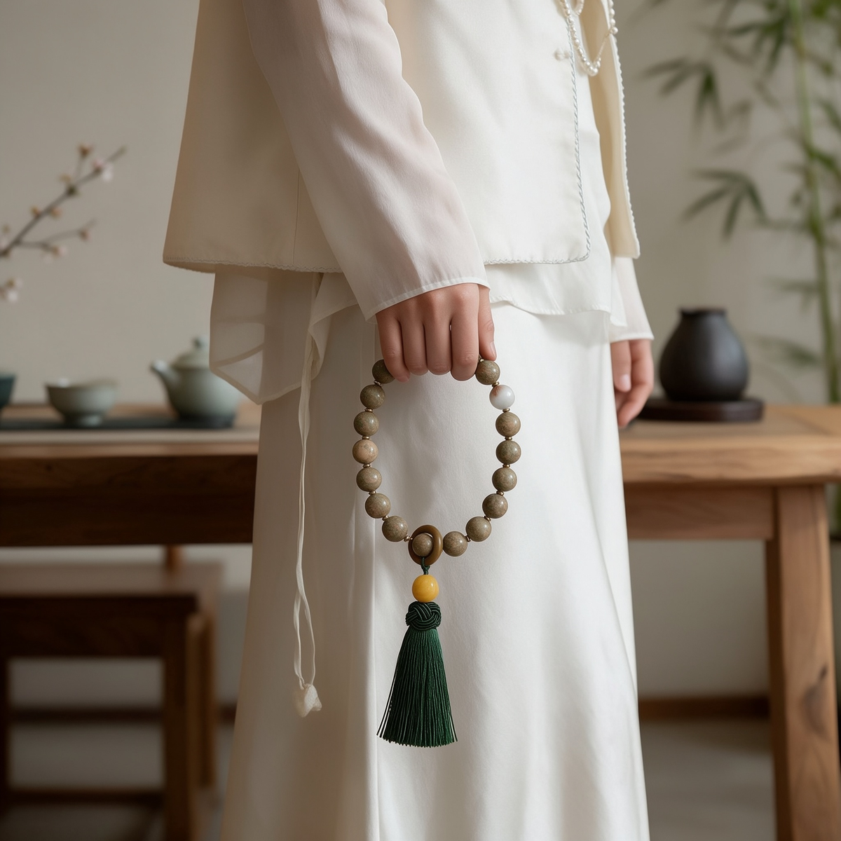 Tang Sancai incense bead prayer mala with dark green tassel held in hand in a serene Chinese tea house setting