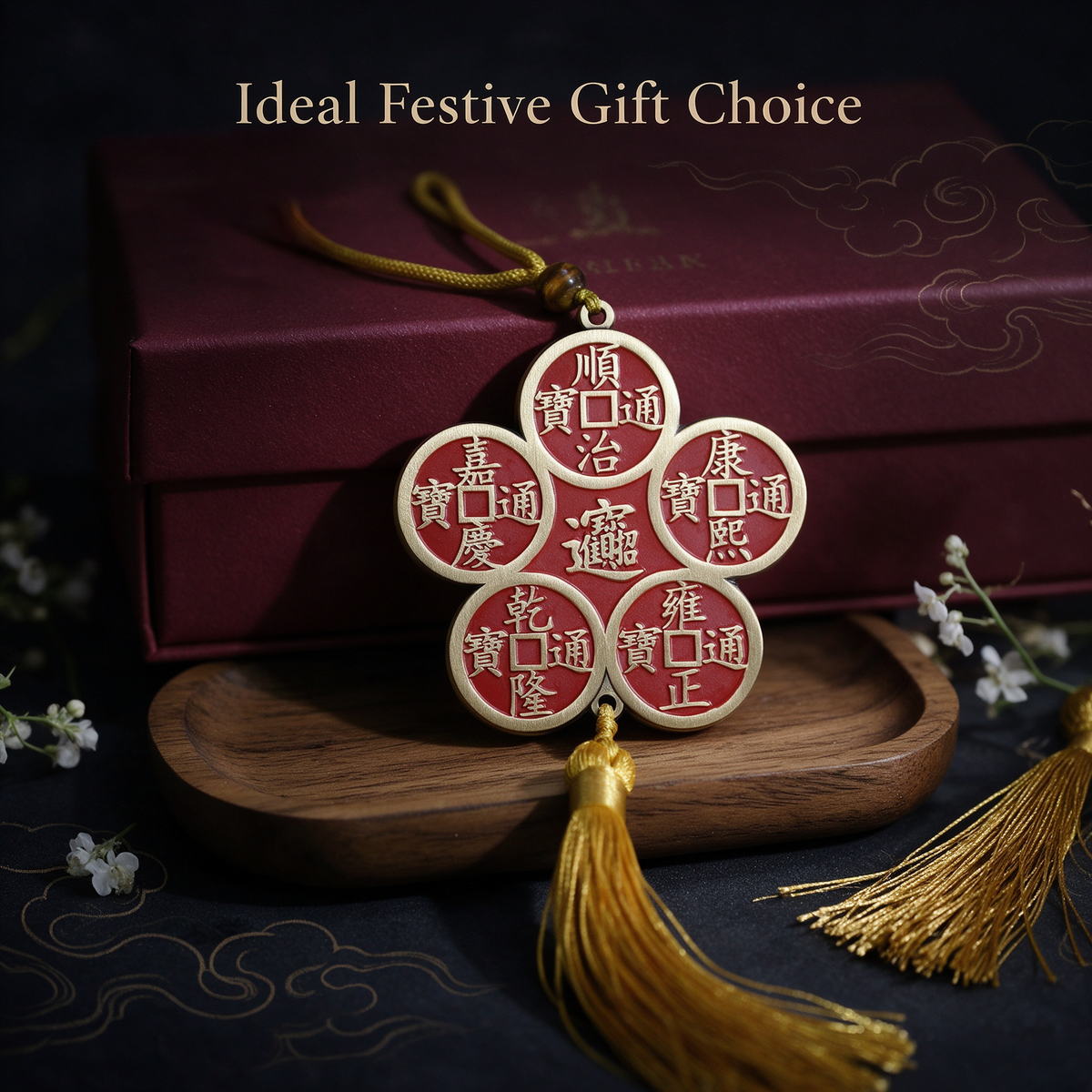 Brass Five Emperor coins hanging ornament in plum blossom design, alternate view 5