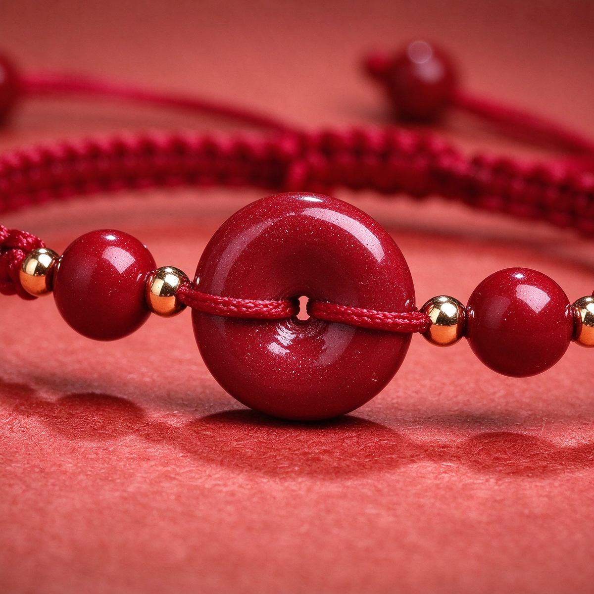 Wine-Red Cinnabar Ping'an Kou Bracelet, Hand-Knotted Adjustable Red Cord