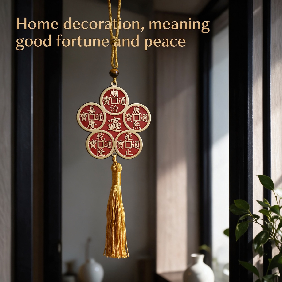 Brass Five Emperor coins hanging ornament in plum blossom design, styled in a home setting