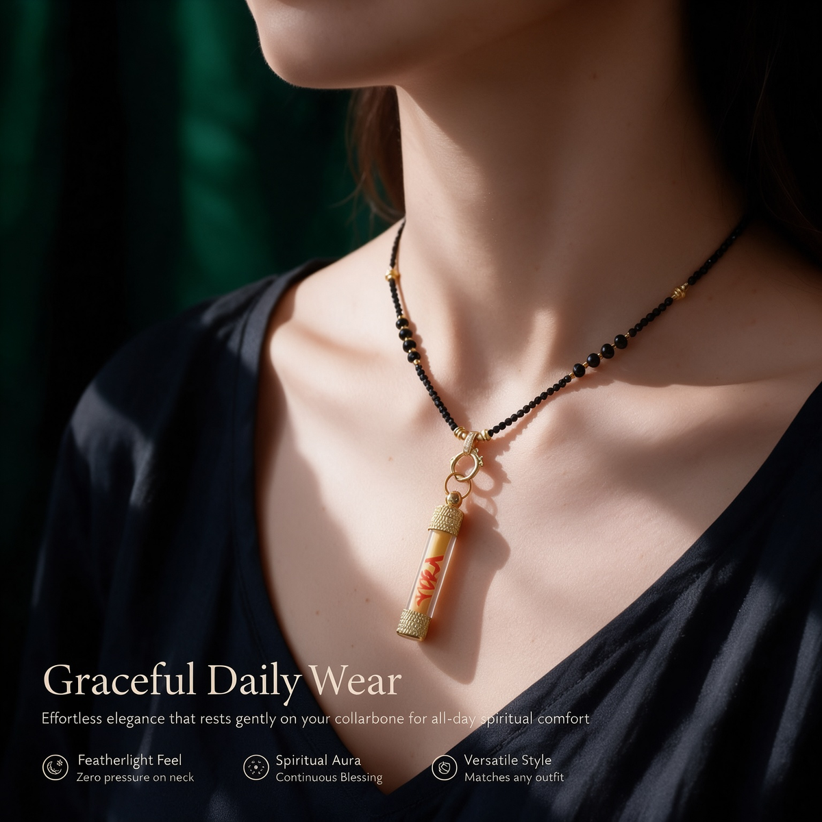 Hand-drawn Taoist talisman rolled in clear cylinder pendant on woven cord, close-up detail