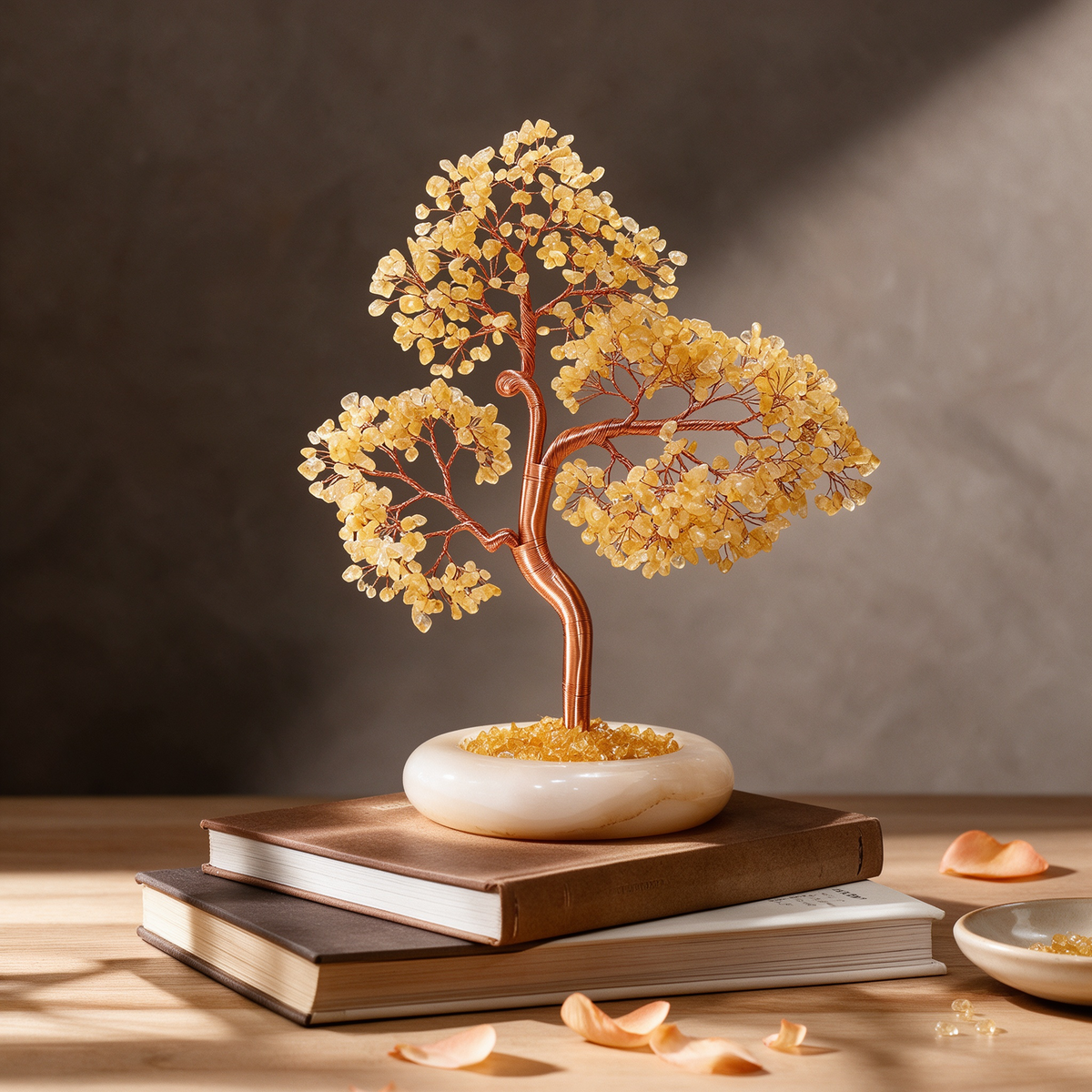 Handcrafted 10-inch citrine crystal tree with golden crystal chips and copper wire branches, rooted in a polished round stone basin on stacked books in warm natural light.
