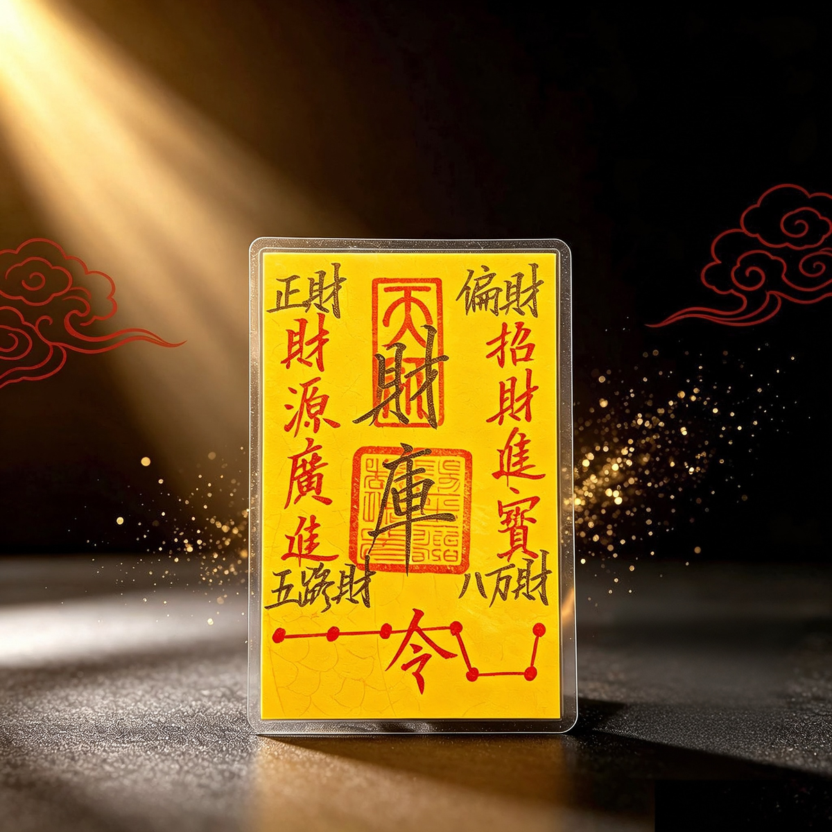 Hand-drawn Wealth Treasury Daoist talisman card from Longhu Mountain, close-up detail