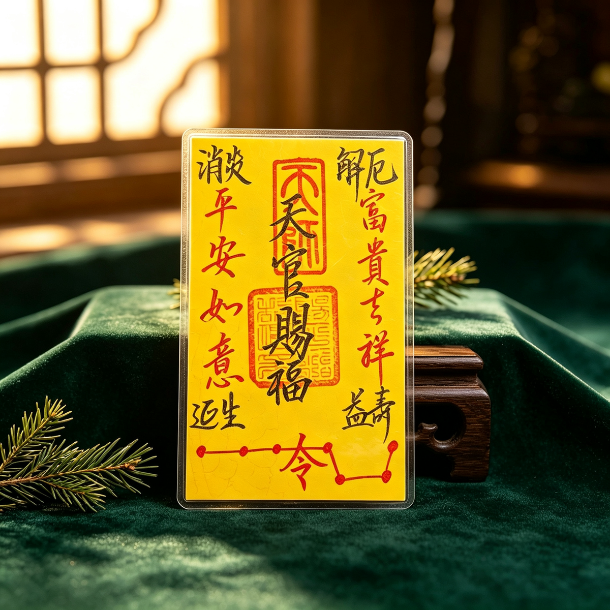 Hand-drawn Tianguan Cifu blessing talisman card in clear sleeve