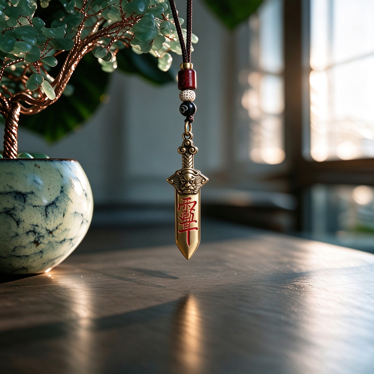 Mini antique brass-tone sword pendant with red thunder-script engraving, hanging from a hand-braided black cord with red and bodhi beads beside a crystal tree
