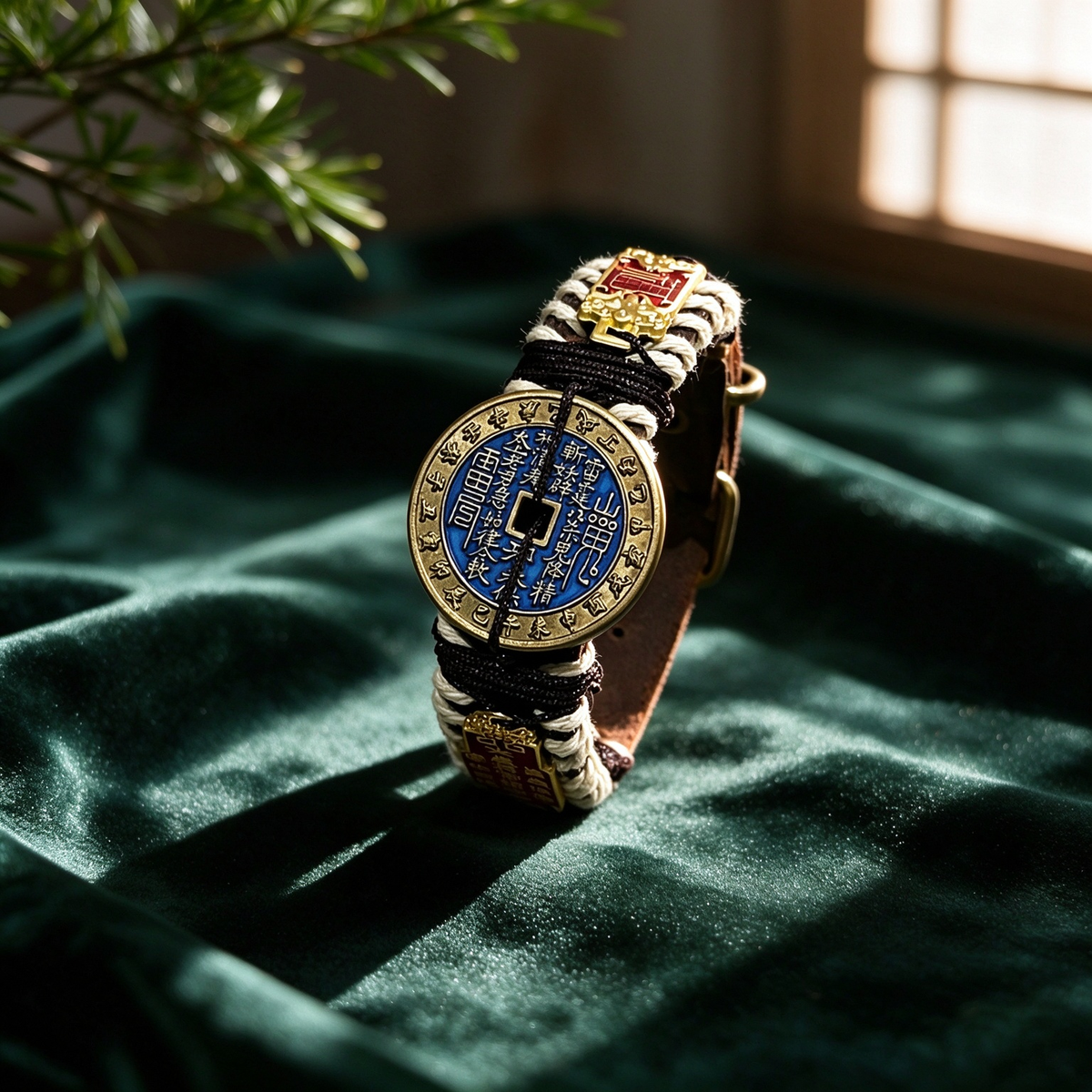 Blue-faced Shan Gui coin leather bracelet with braided cord and Taisui charm accents, displayed on dark green velvet.