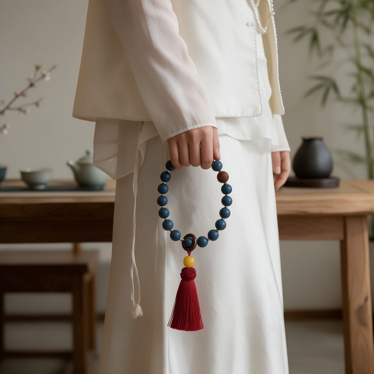 Deep blue scented bead handheld strand with red tassel, close-up detail