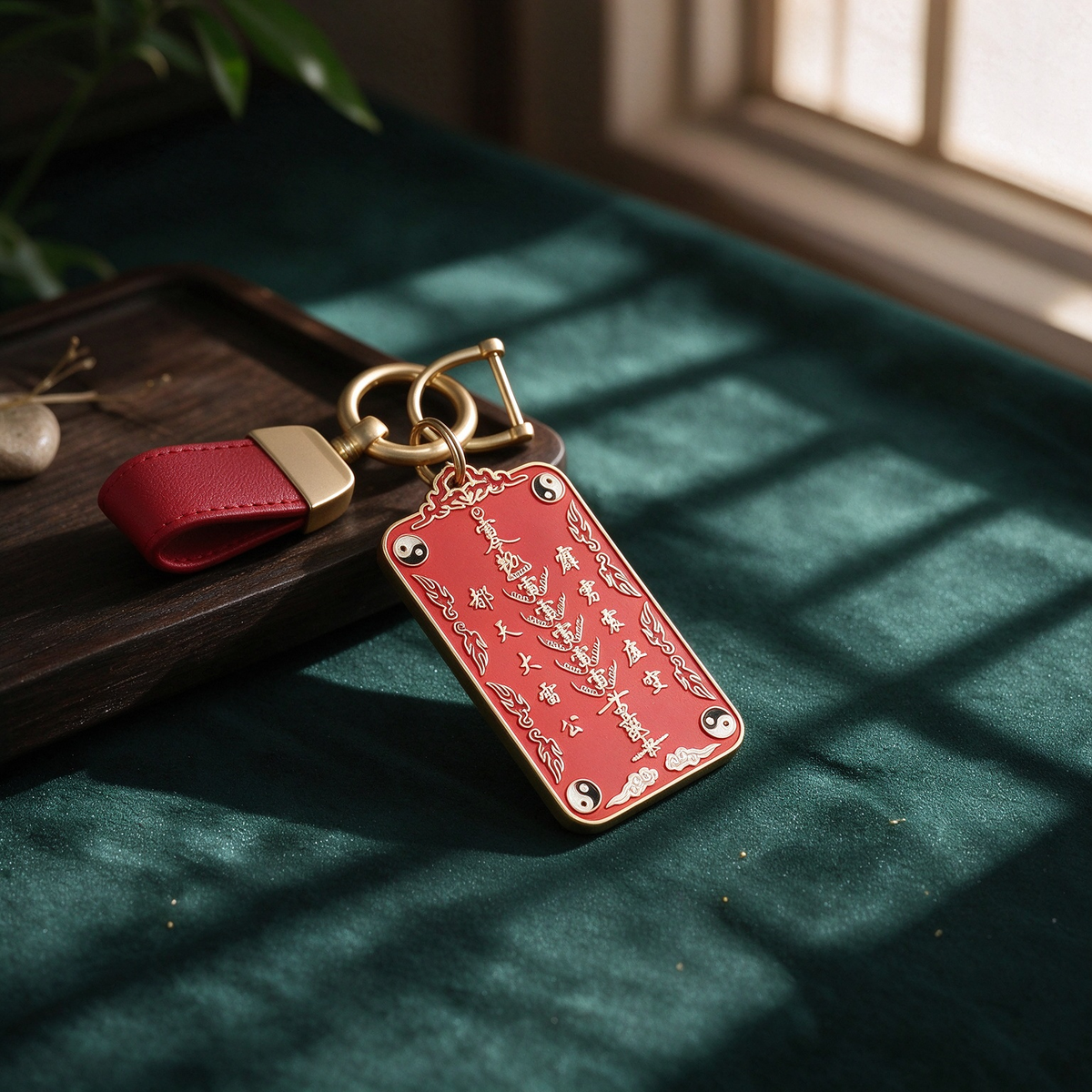 Taoist Five Thunder red enamel talisman keychain with Yin-Yang emblem