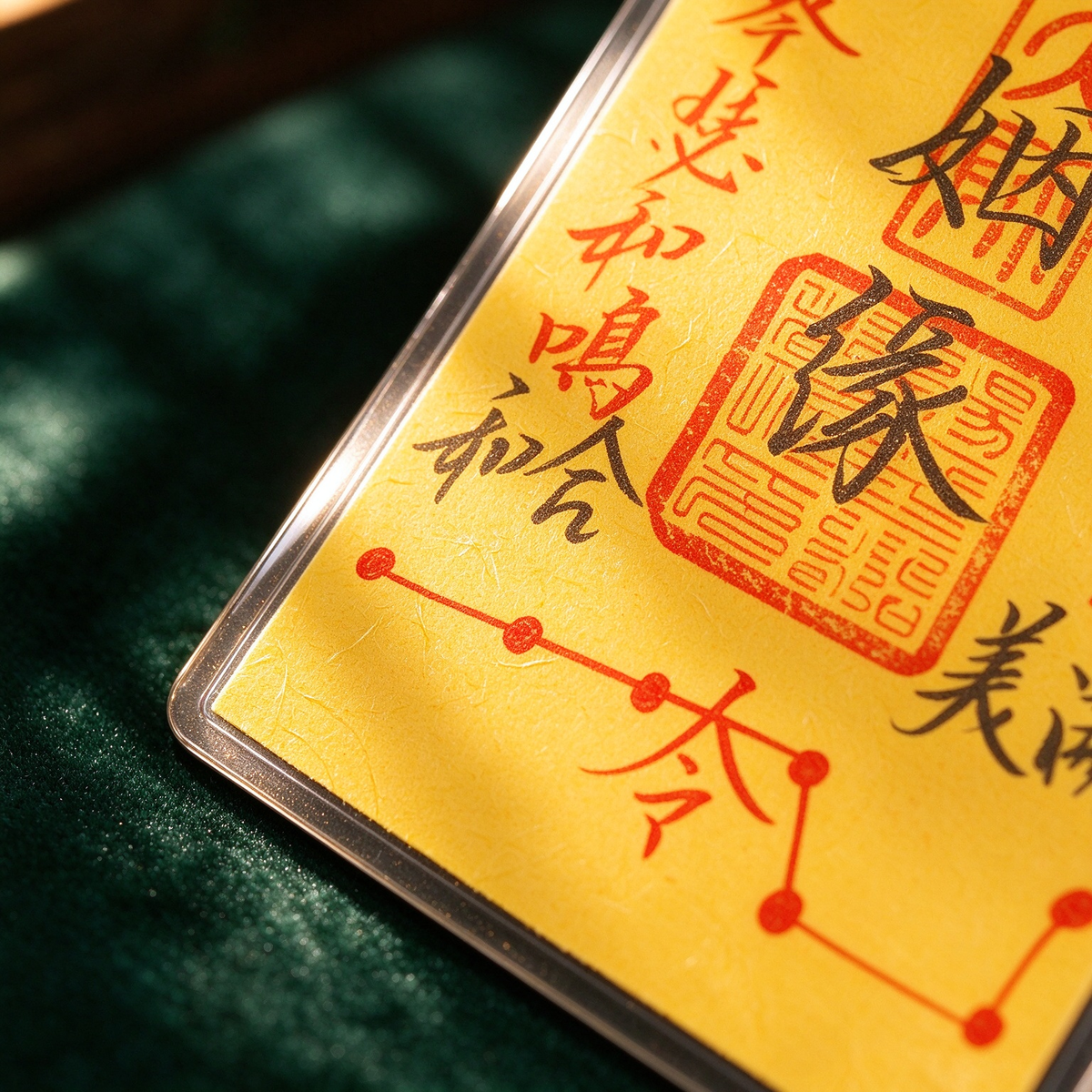 Close-up of the marriage harmony talisman card's vermilion seal, calligraphy and red motif pattern inside its clear water-resistant laminated sleeve
