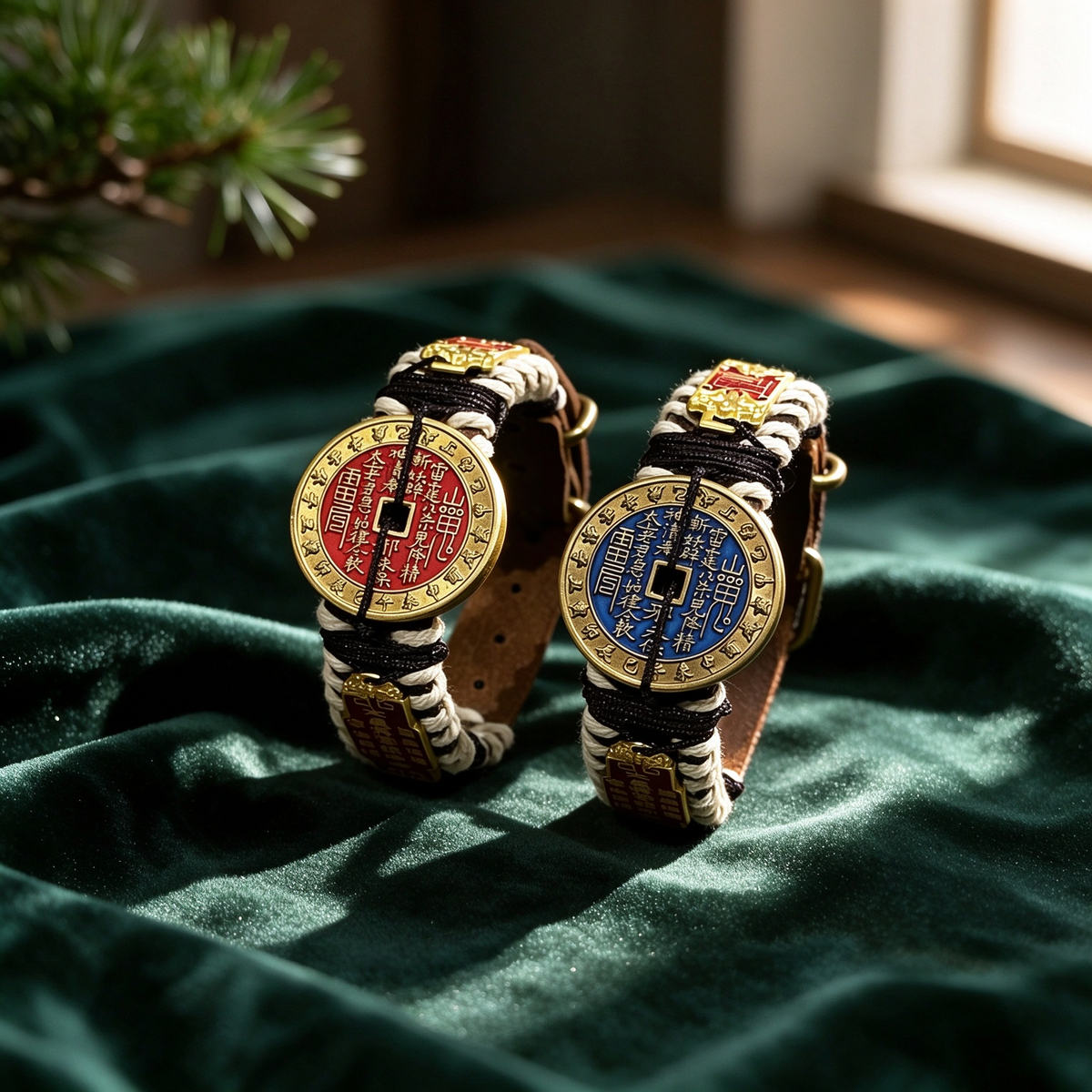 Pair of Shan Gui coin braided leather bracelets with red and blue enamel talisman-face coins, displayed on dark green velvet in soft window light.
