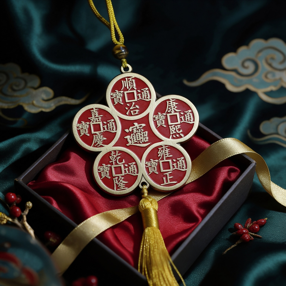 Brass Five Emperor coins hanging ornament in plum blossom design