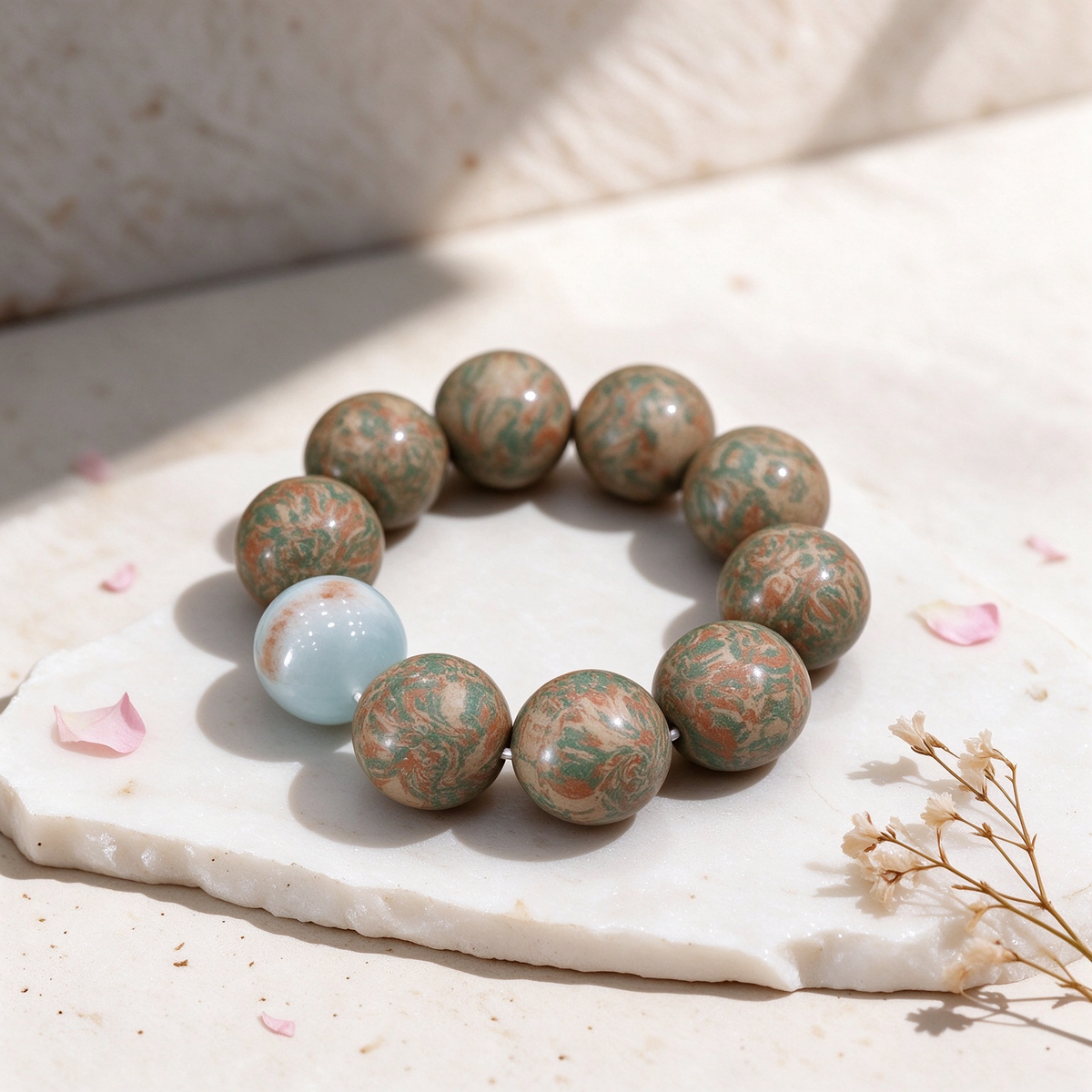 Close-up of earth-toned scented beads on Tang Dynasty style bracelet