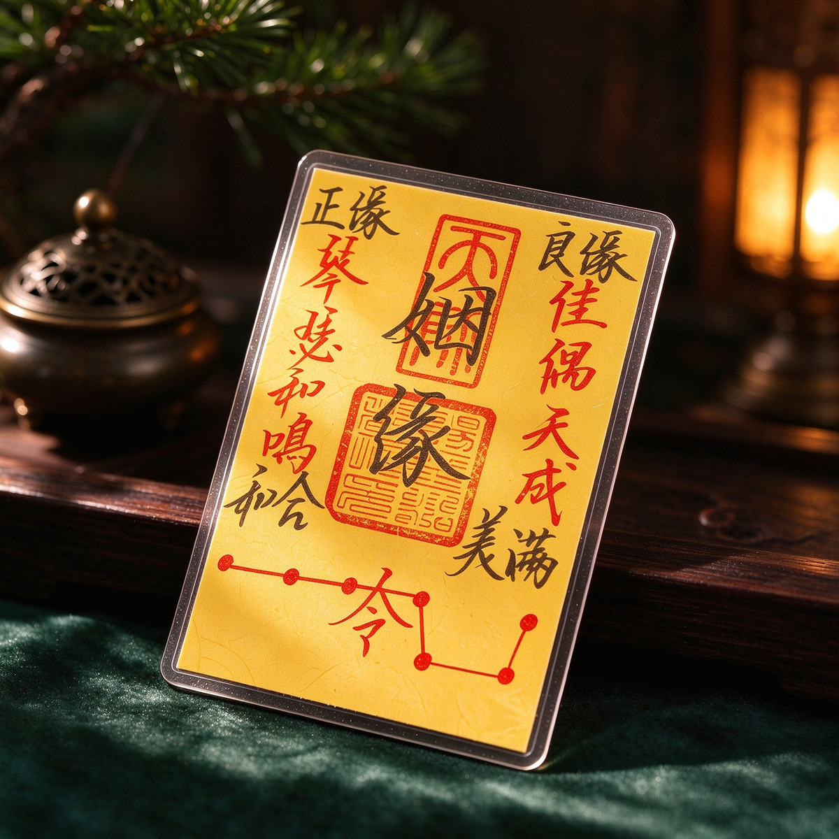 Hand-drawn Daoist marriage harmony talisman card (姻缘符) with black and red calligraphy and vermilion seals on yellow paper, displayed upright beside a bronze incense burner